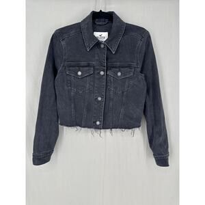 Hollister Denim Jacket Womens Small Black Cropped Button Raw Hem Boho Grunge